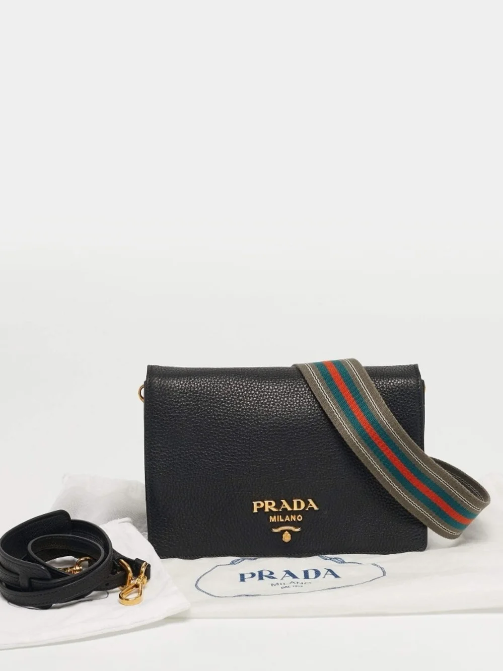 Prada Black Pebbled Leather Crossbody with Striped Webbing Strap